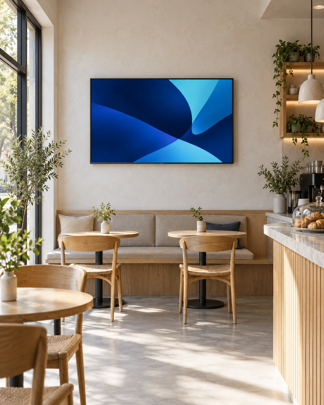 Illustration of a digital advertising screen in a bright neighborhood cafe